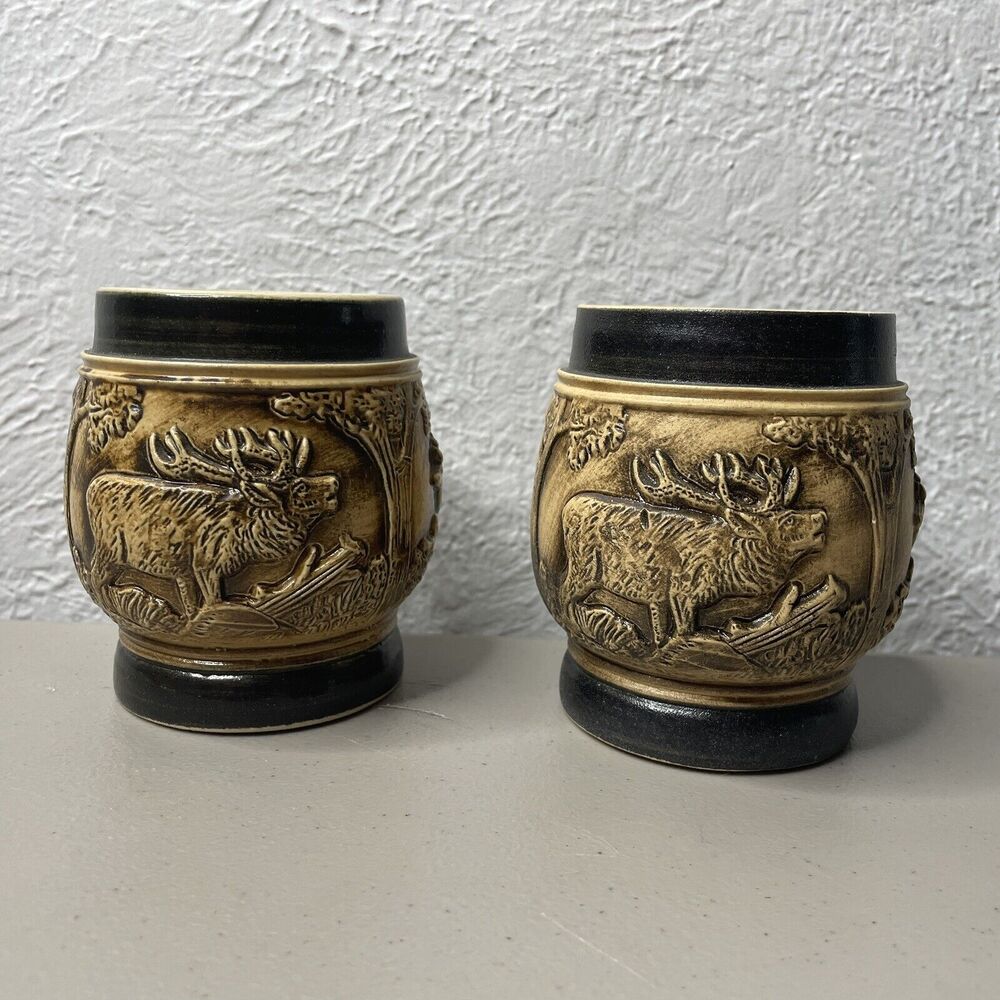 2 VTG‎ Beer or Coffee Stone Wear Mugs 4" Tall Rabbits Deer Black Trim Germany - Picture 2 of 12